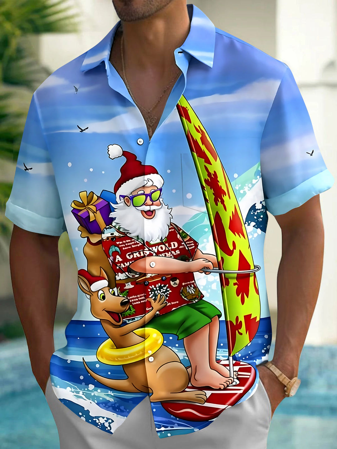 Summer Christmas Santa Claus Surfing Men's Pocket Short Sleeve Shirts