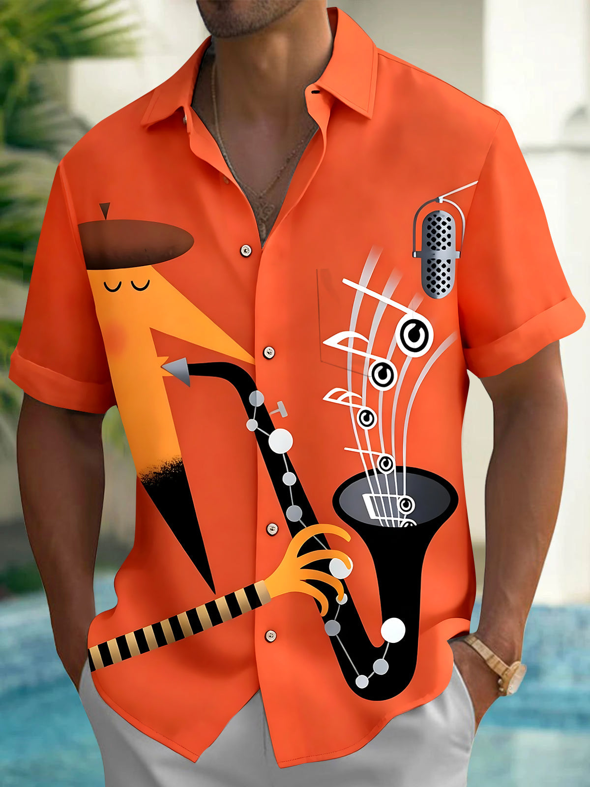 Oceanlyte Men's Abstract Jazz Saxophone Microphone Graphic Print Short Sleeve Button Down Shirt with Chest Pocket