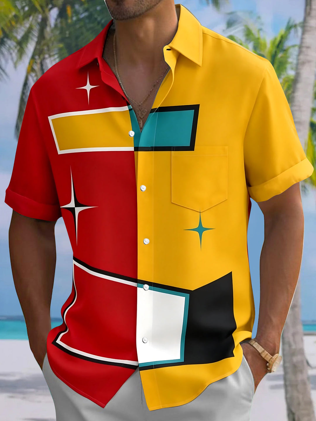 Vintage Geometry Men's Pocket Short Sleeve Shirts