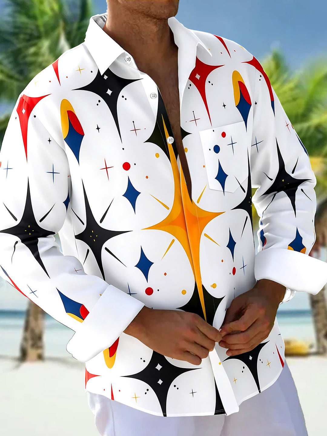 Vintage Geometry Men's Pocket Long Sleeve Shirts