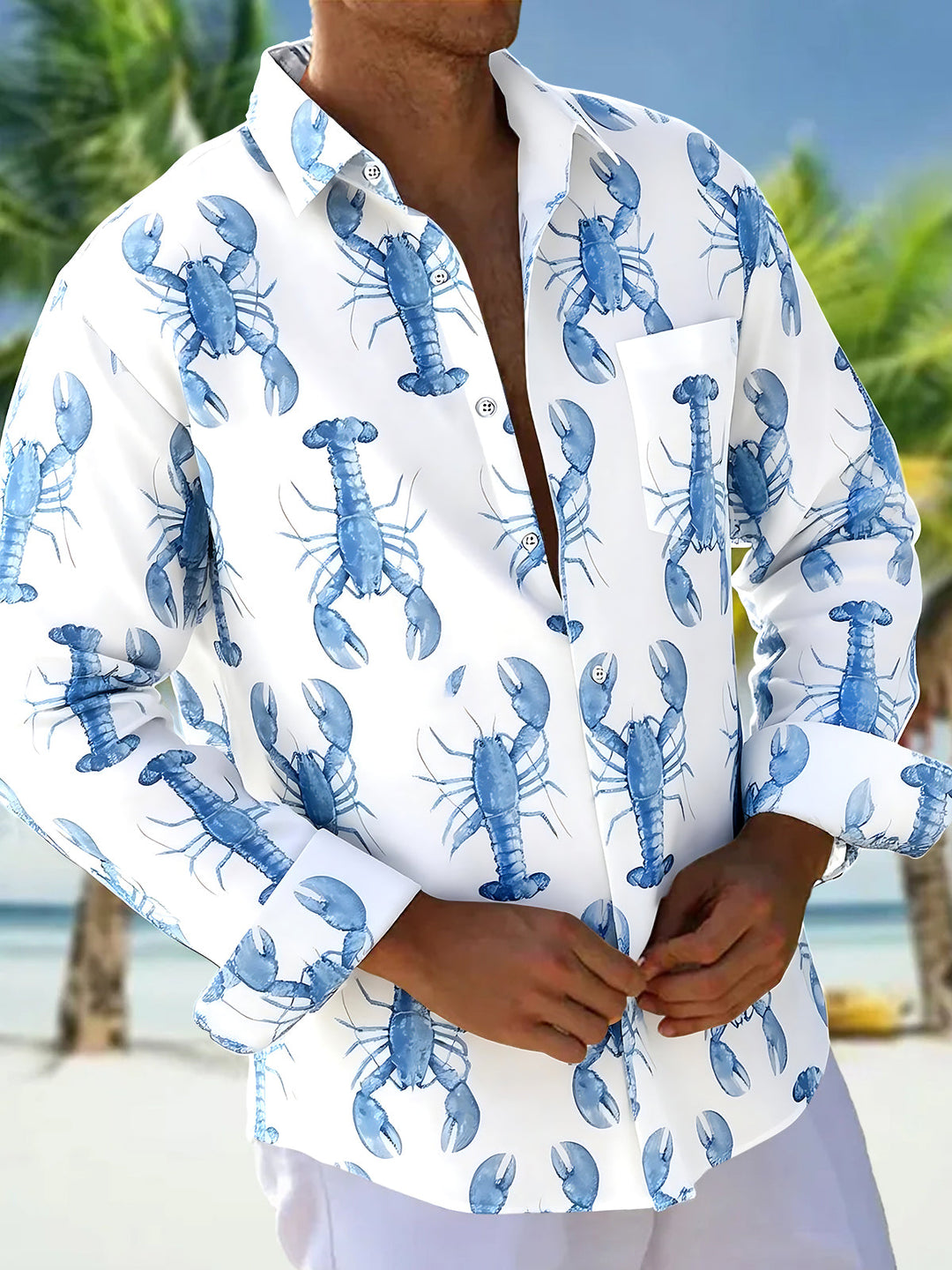 Hawaiian Seafood Lobster Men's Pocket Long Sleeve Shirts