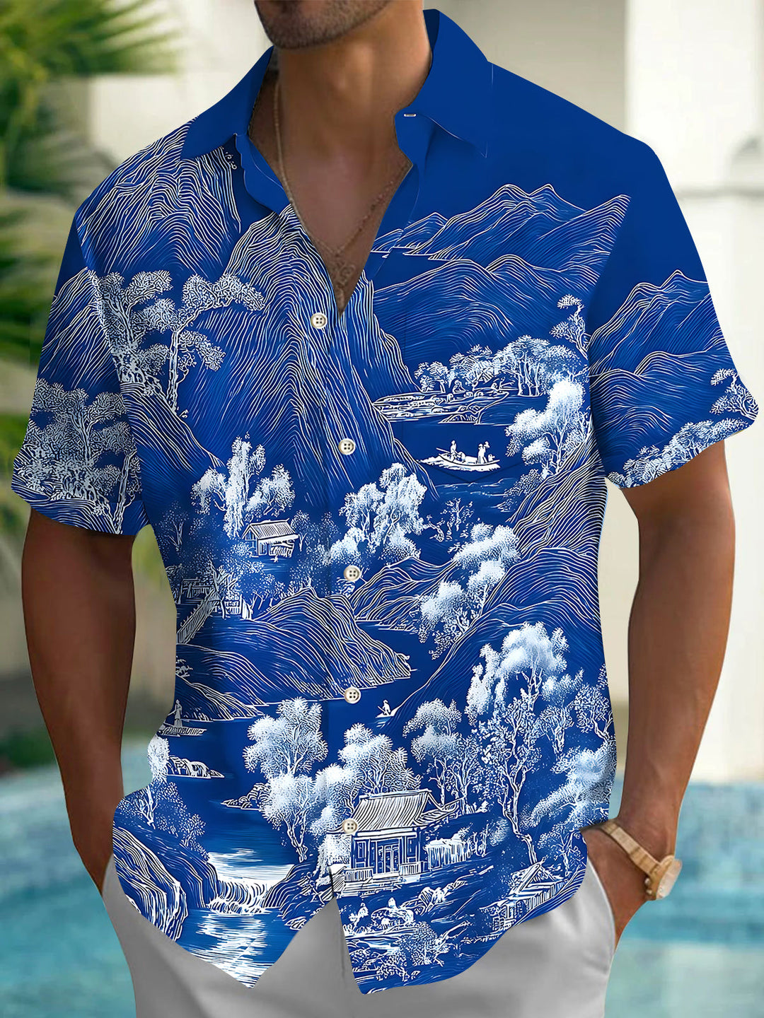 Chinese Landscape Mountains Hills Men's Pocket Short Sleeve Shirts