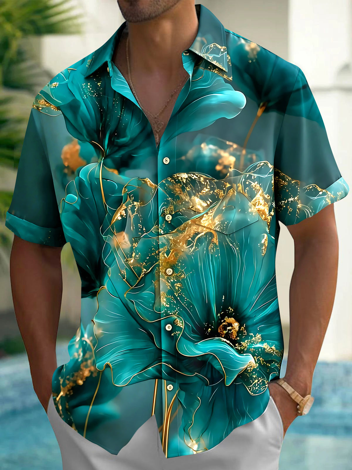 Oceanlyte Men's Graphic 3D Teal Gold Abstract Floral Print Short Sleeve Button Down Shirt with Chest Pocket
