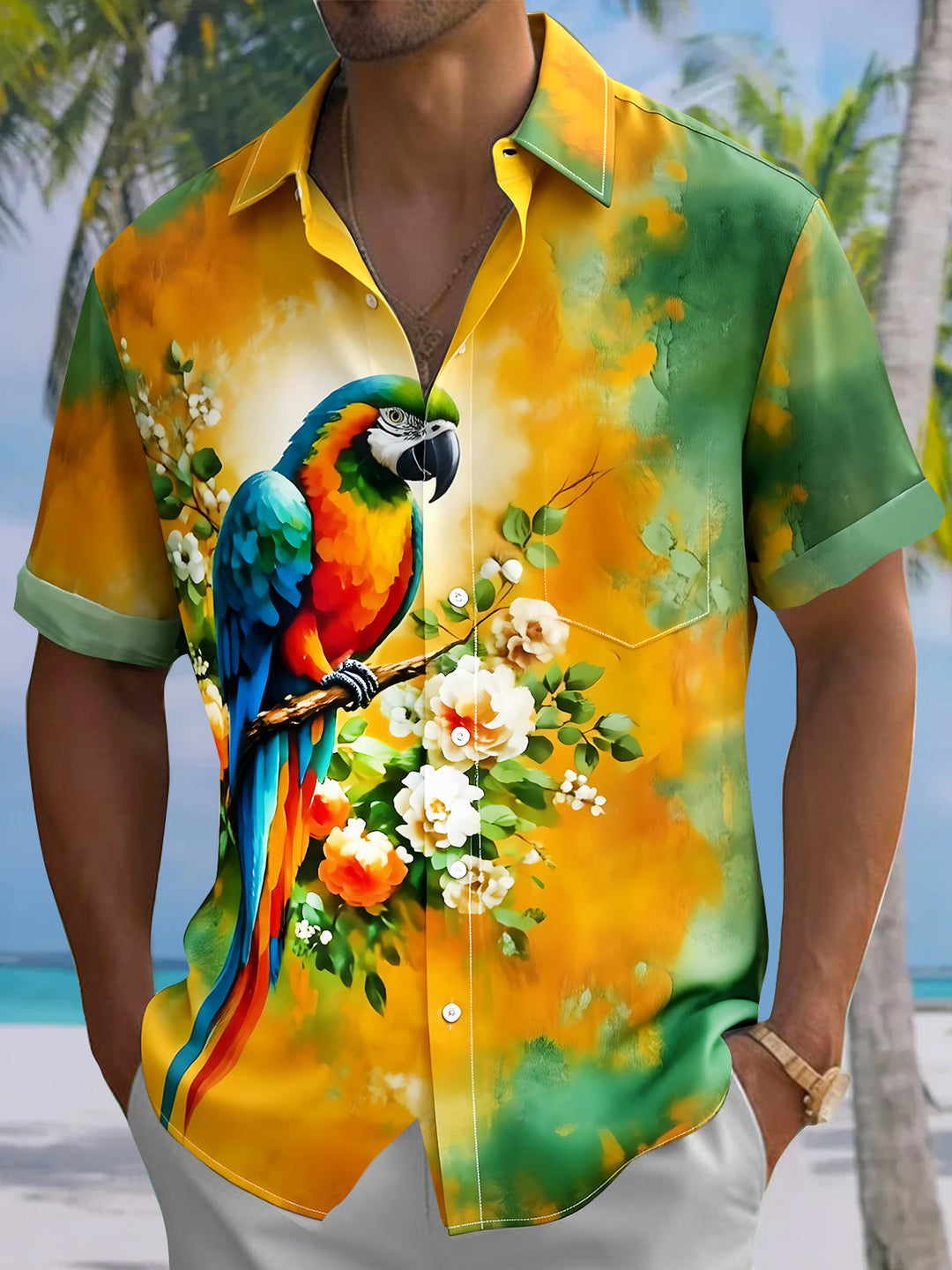 Tie Dye Hawaiian Parrot Floral Men's Pocket Short Sleeve Shirts