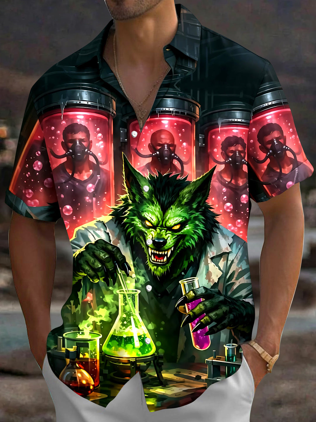 Dark Werewolf Mad Scientist Men's Pocket Short Sleeve Shirts