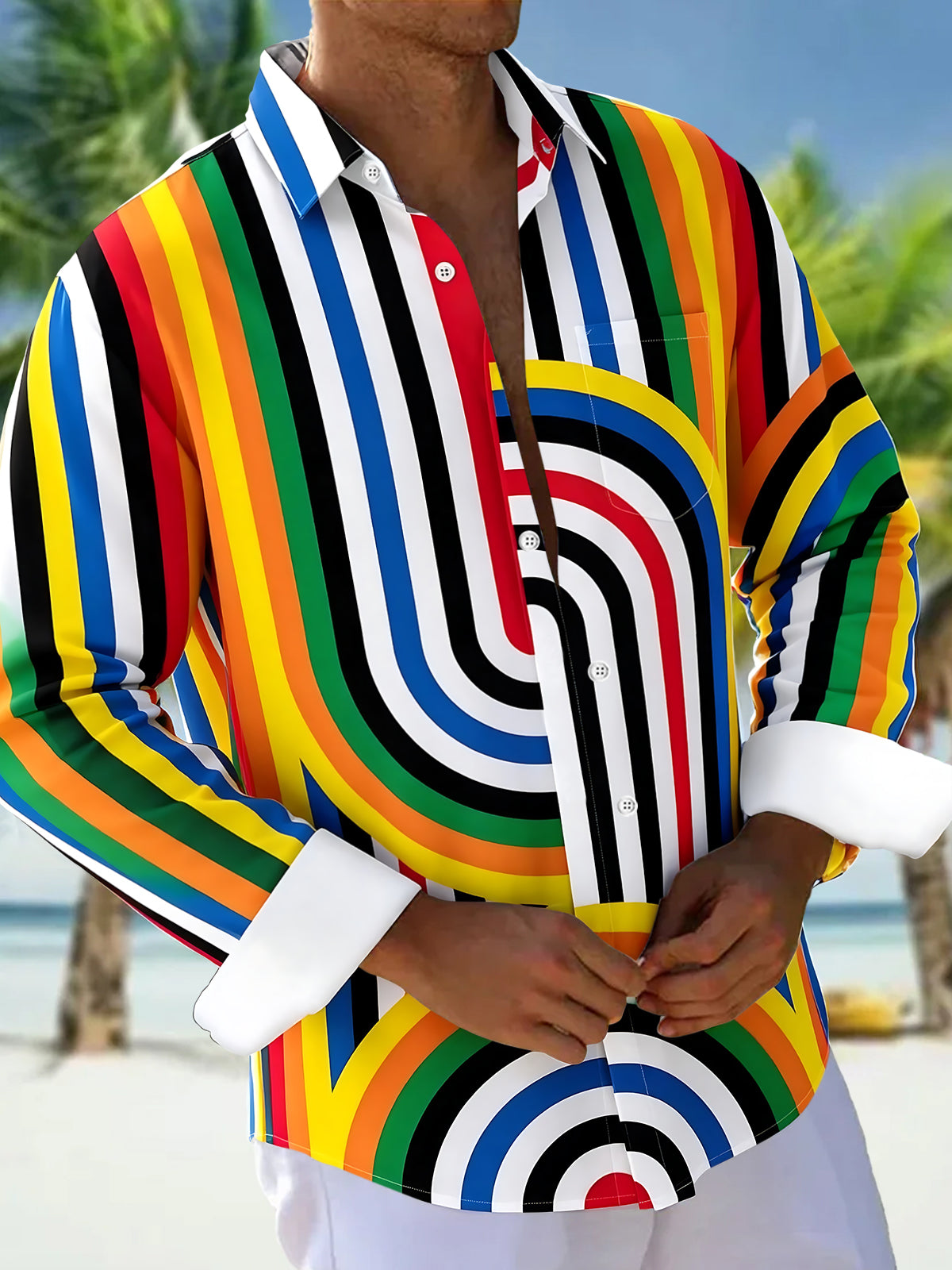 Oceanlyte Men's Colorful Geometric Stripe Arch Print Long Sleeve Button Down Shirt with Chest Pocket