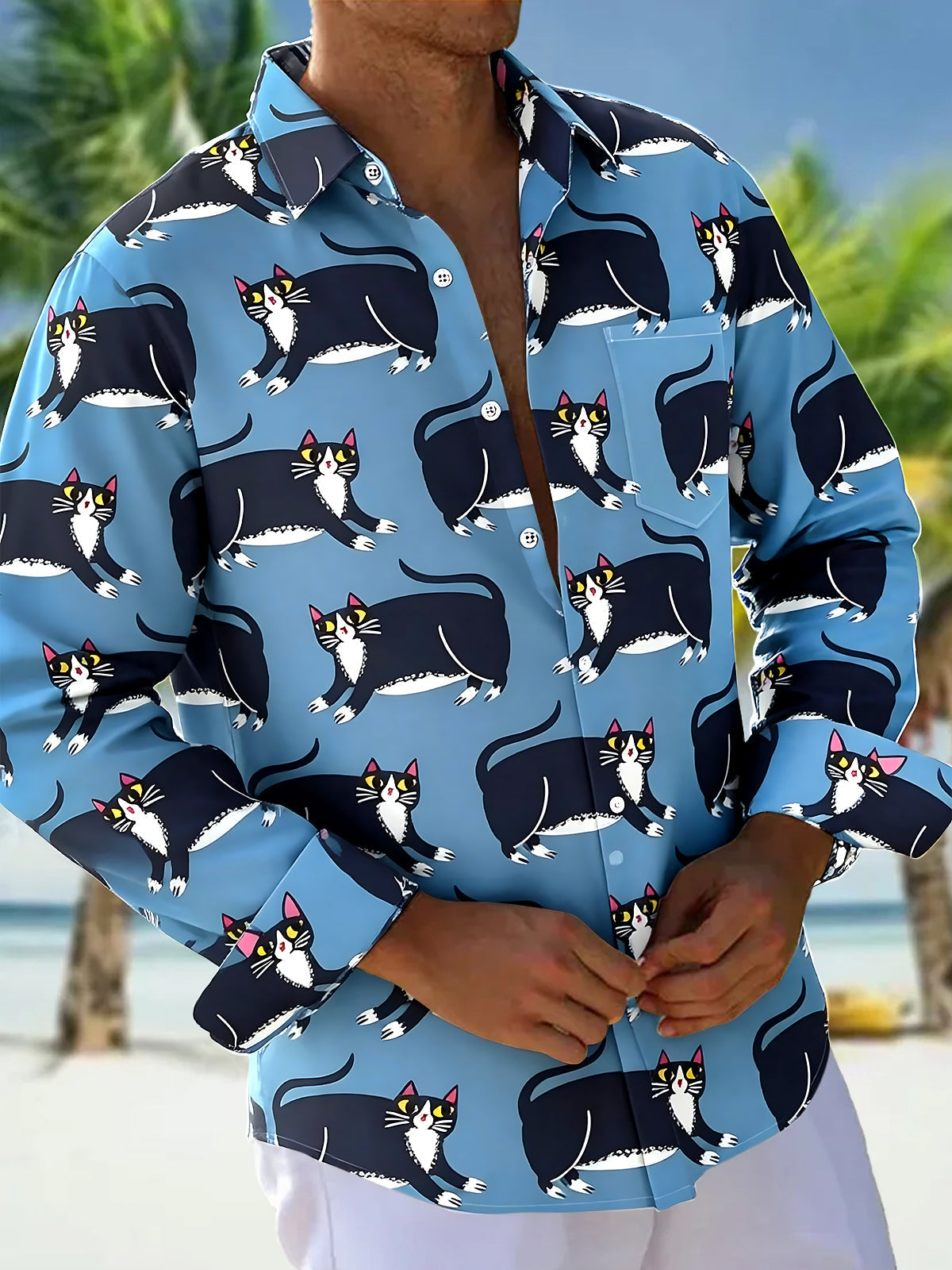 Oceanlyte Men's Graphic Black And White Cat Pattern Print Long Sleeve Button Down Shirt with Chest Pocket
