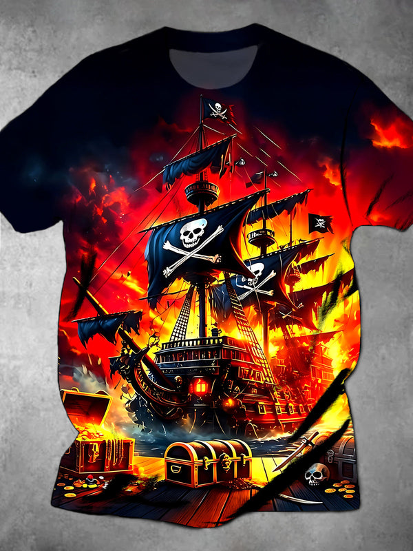 Oceanlyte Men's Pirate Ship Skull Treasure Print Short Sleeve T-Shirt with Round Neck