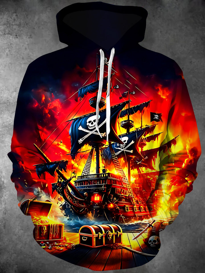 Dark Pirate Ship Men's Long Sleeve Pocket Hooded Sweatshirt