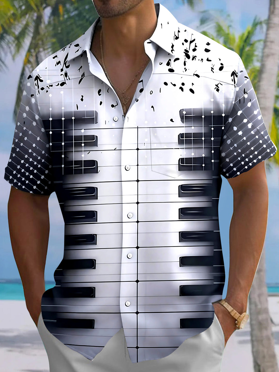 Piano Musical Note Men's Pocket Short Sleeve Shirts