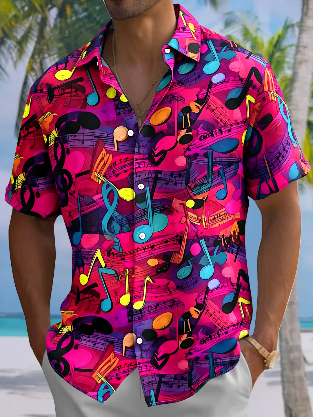 Colorful Musical Note Men's Pocket Short Sleeve Shirts