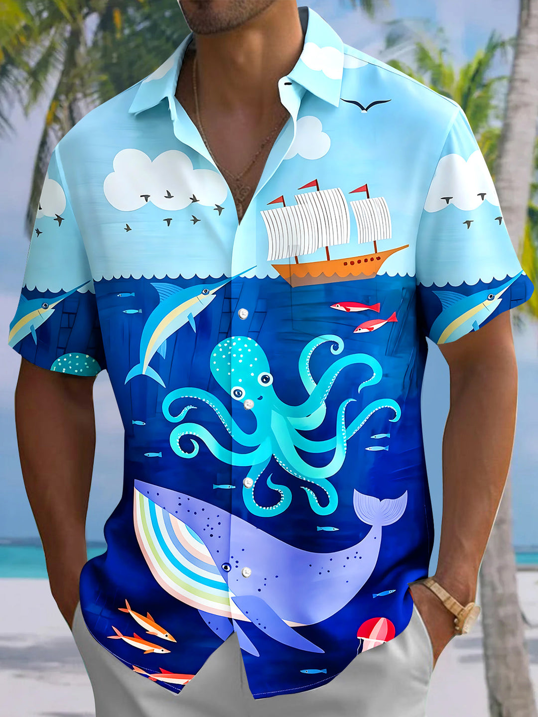 Hawaiian Cartoon Ocean Octopus Whale Dolphin Fish Boat Men's Pocket Short Sleeve Shirts