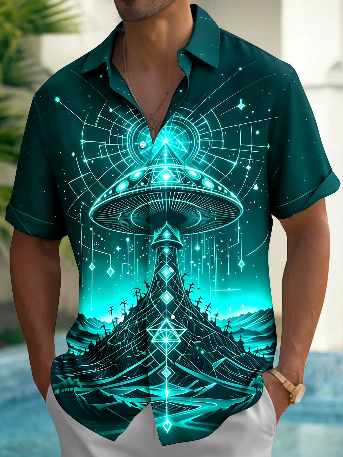 Oceanlyte Men's UFO Space Landscape Graphic Short Sleeve Button Down Shirt with Chest Pocket