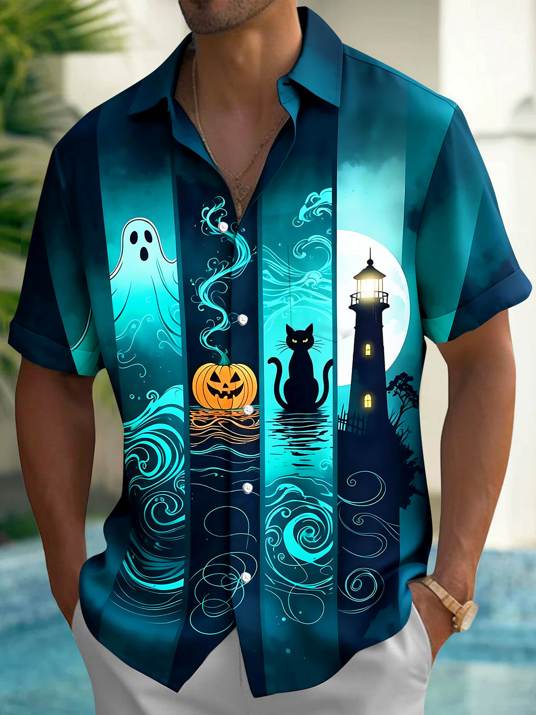 Halloween Ghost Pumpkin Lighthouse Cat Men's Pocket Short Sleeve Shirts