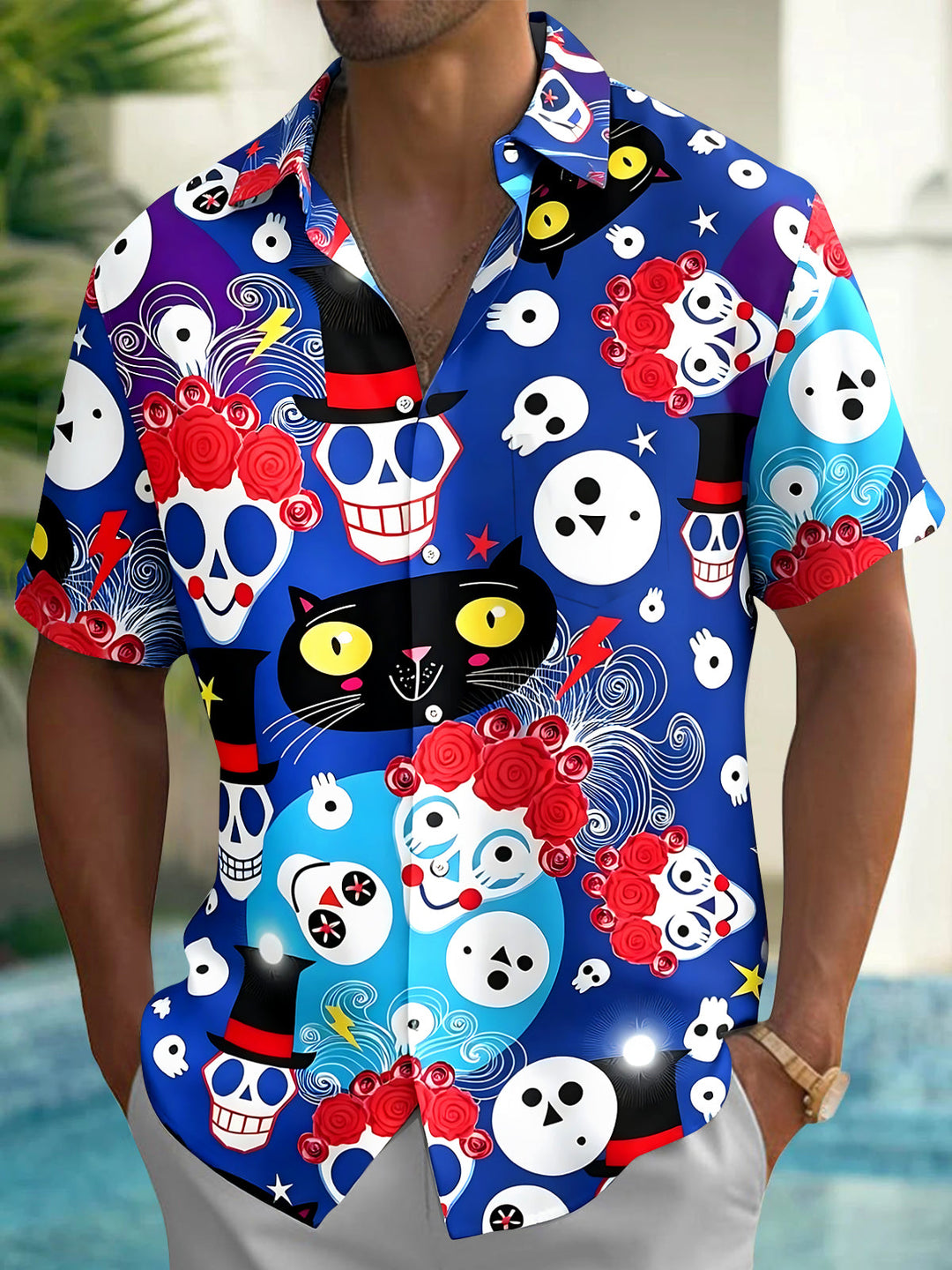 Day Of The Dead Colorful Skull Cat Men's Pocket Short Sleeve Shirts