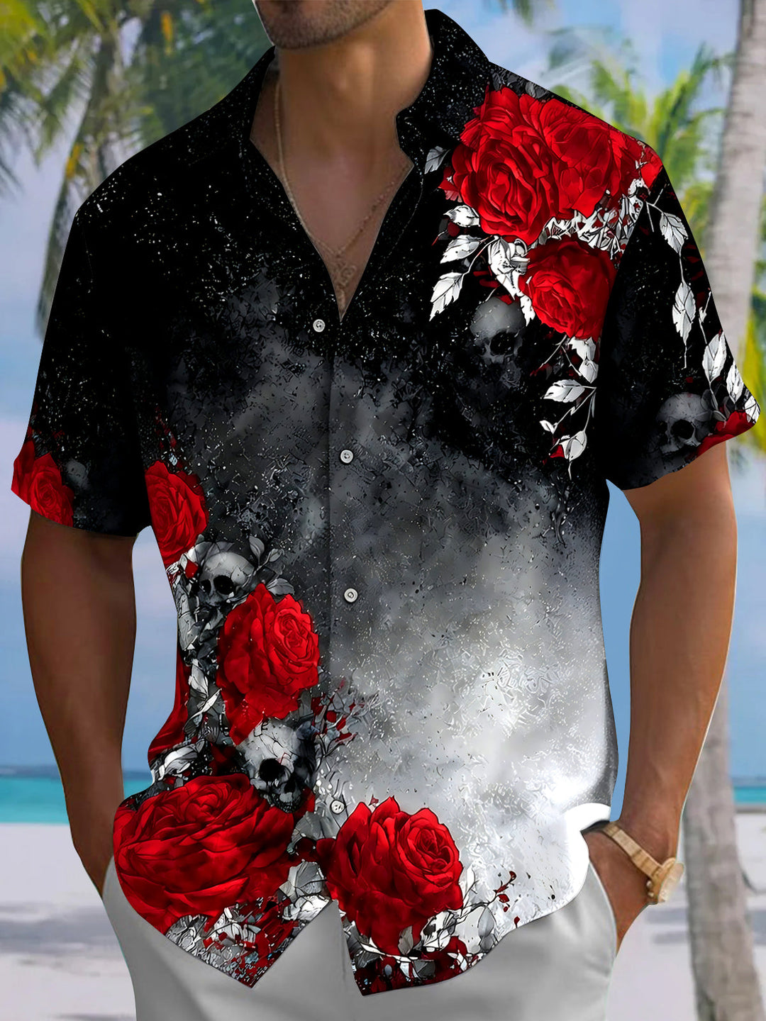 Halloween Dark Skull Floral Men's Pocket Short Sleeve Shirts