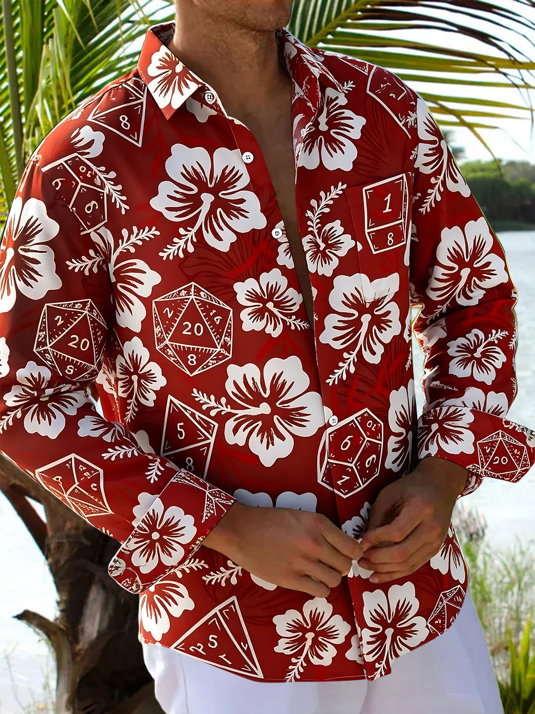 Hawaiian Floral Dice Men's Pocket Long Sleeve Shirts