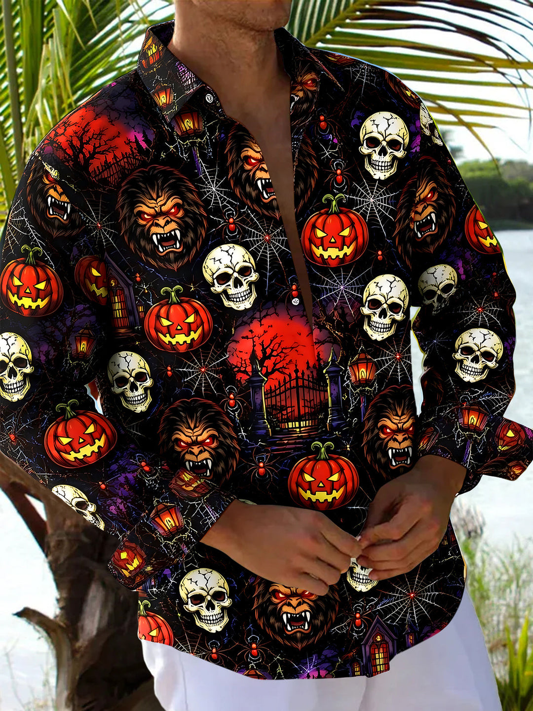 Halloween Dark Pumpkin Lion Spider Web Men's Pocket Long Sleeve Shirts