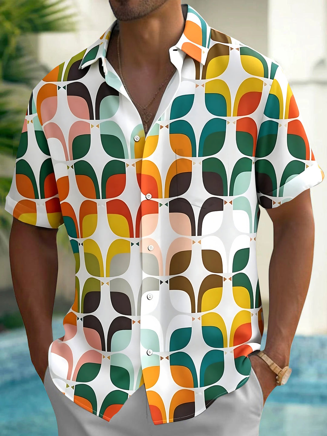 Colorful Geometry Floral Men's Pocket Short Sleeve Shirts