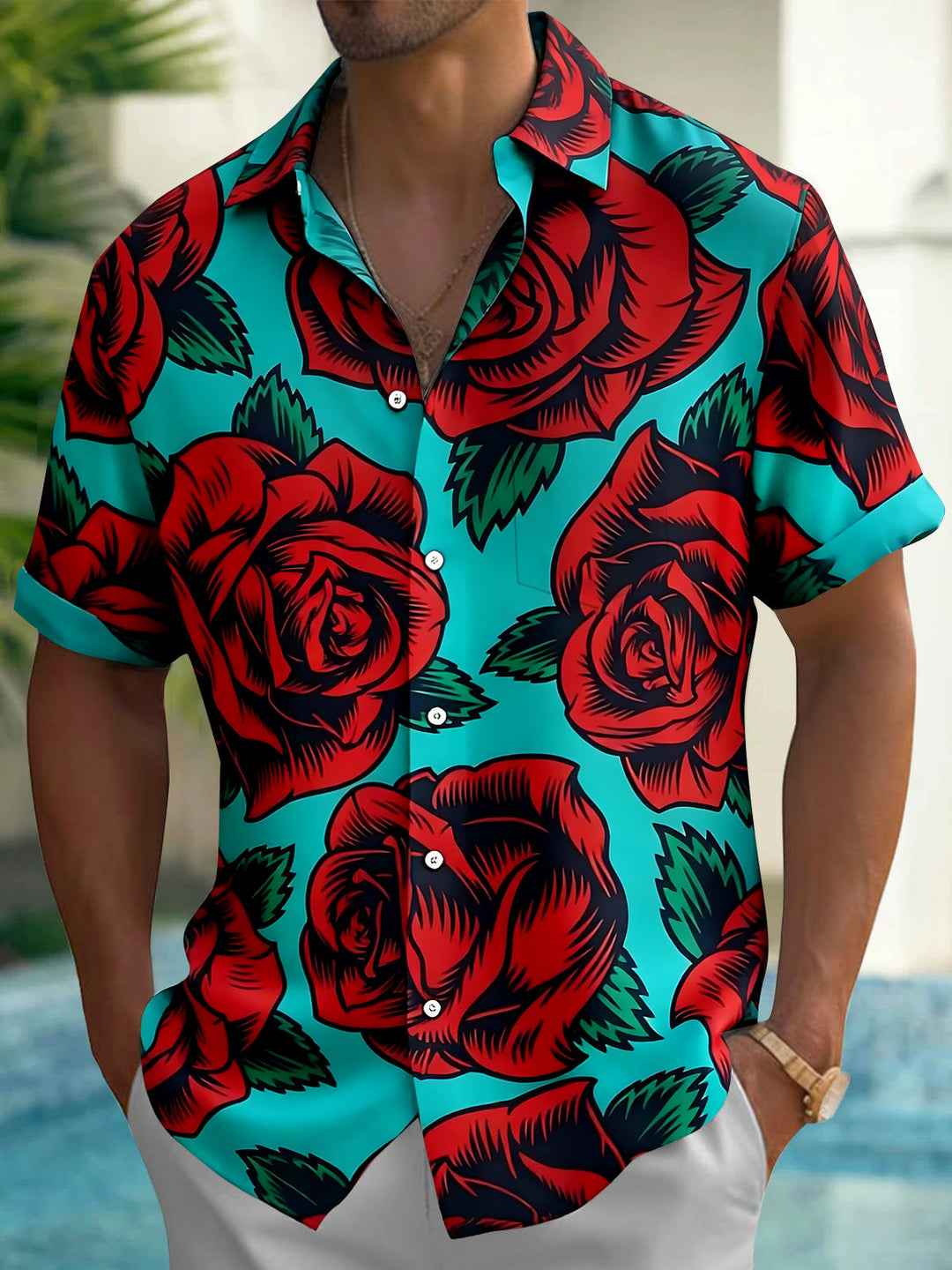 Vintage Rose Men's Pocket Short Sleeve Shirts
