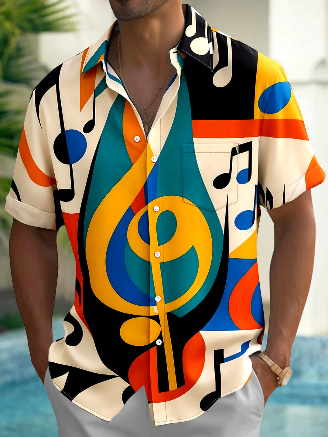 Vintage Musical Note Men's Pocket Short Sleeve Shirts