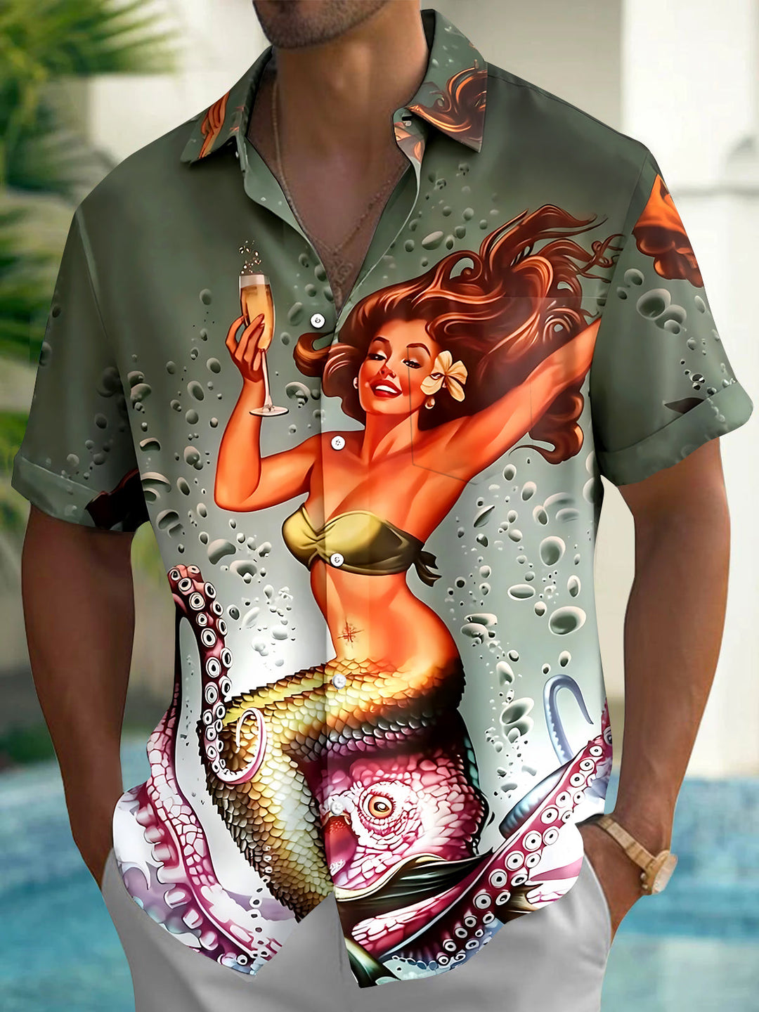 Vintage Mermaid Men's Pocket Short Sleeve Shirts