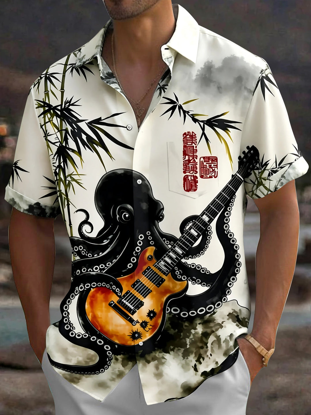Vintage Chinese Octopus Play Guitar Bamboo Men's Pocket Short Sleeve Shirts