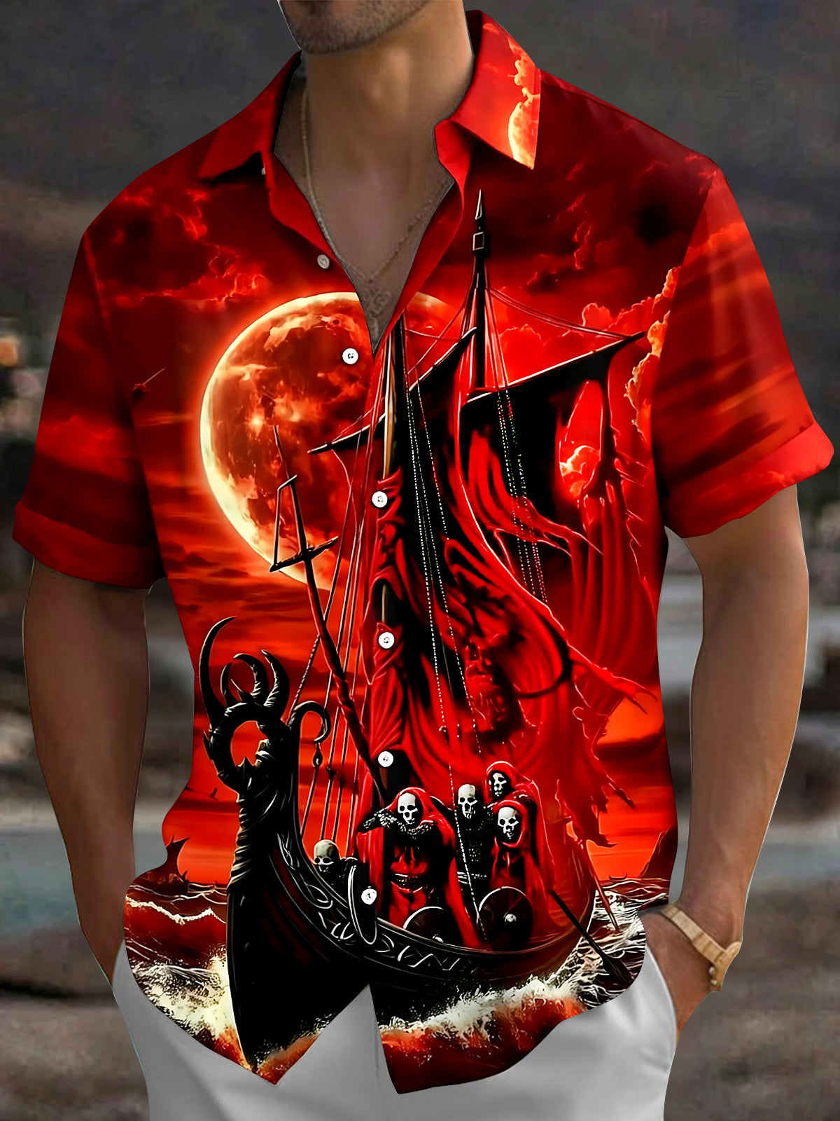 Oceanlyte Men's Graphic Pirate Ship Print Short Sleeve Shirt with Chest Pocket