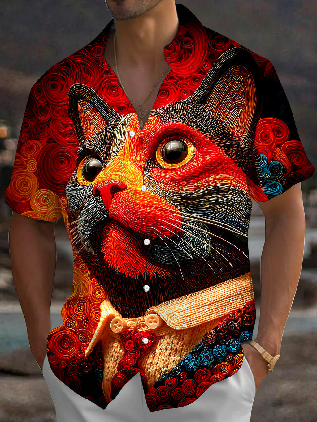 Oceanlyte Men's Graphic Cat Portrait Print Short Sleeve Shirt with Chest Pocket