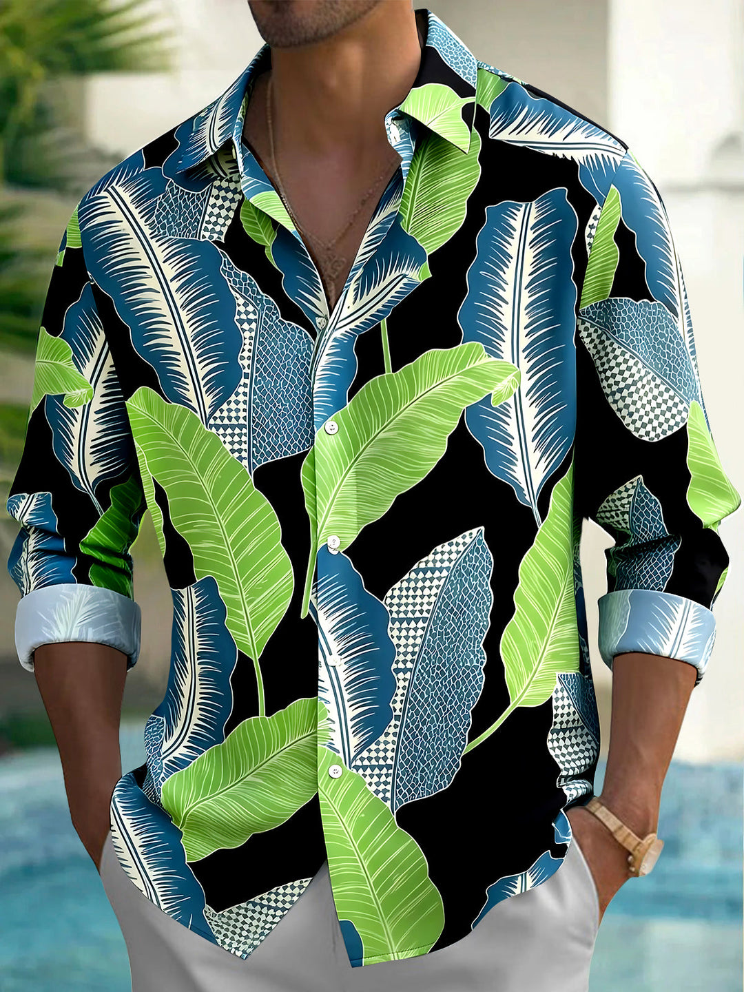 Hawaiian Leaf Men's Pocket Long Sleeve Shirts