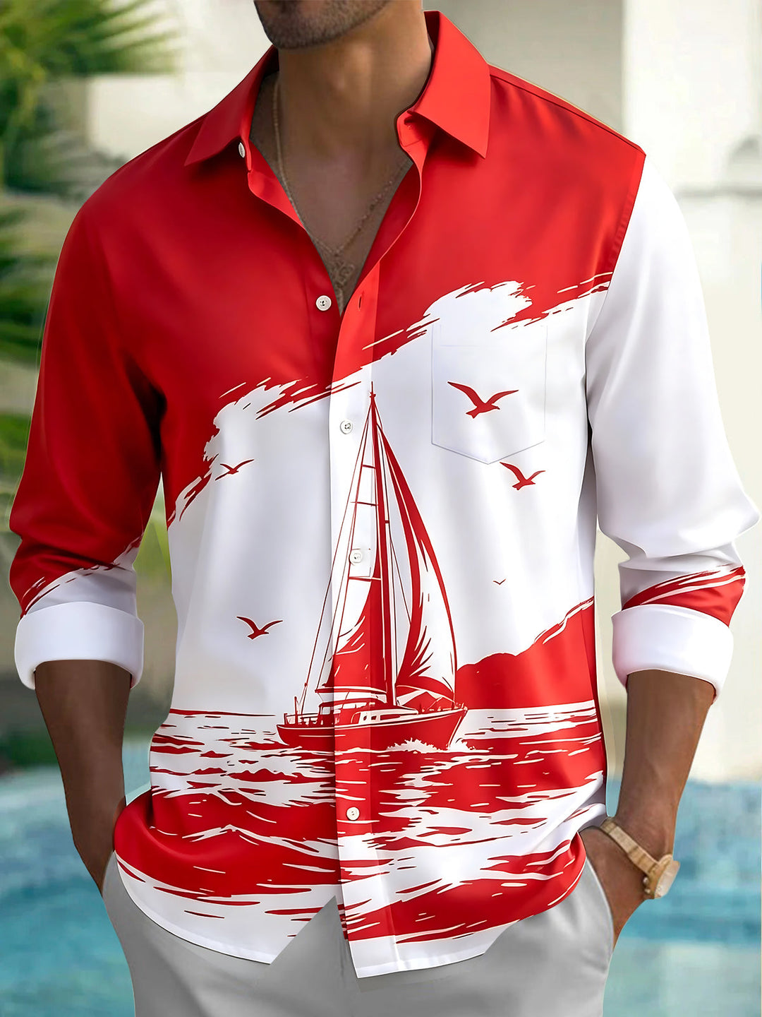 Hawaiian Sailing Boat Men's Pocket Long Sleeve Shirts