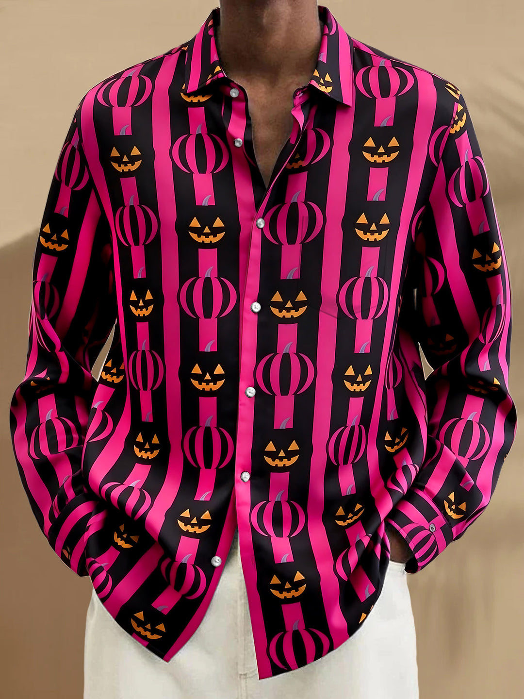 Halloween Pumpkin Geometry Stripes Men's Pocket Long Sleeve Shirts