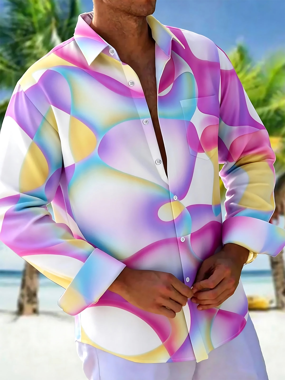 Oceanlyte Men's Printed Pastel Swirl Pattern Long Sleeve Shirt with Chest Pocket