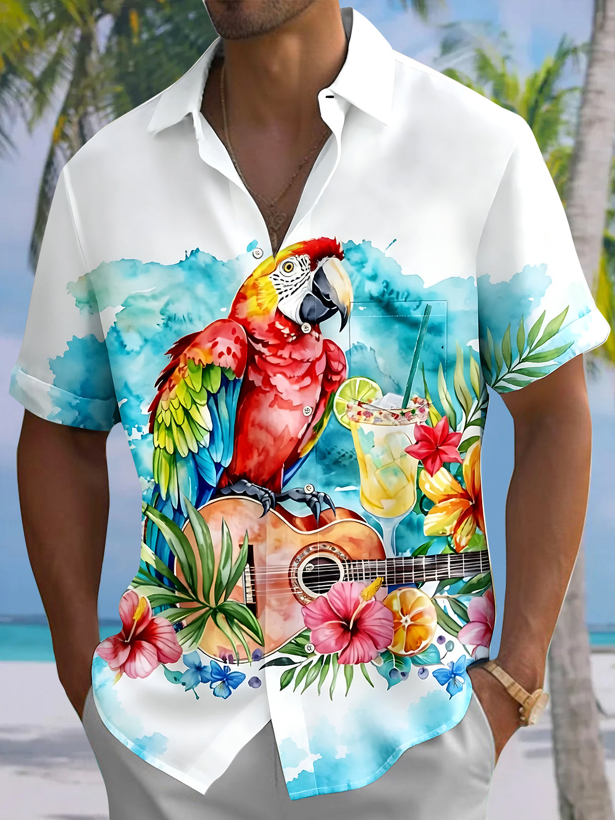 Oceanlyte Men's Hawaiian Colorful Parrot Print Short Sleeve Shirt with Chest Pocket