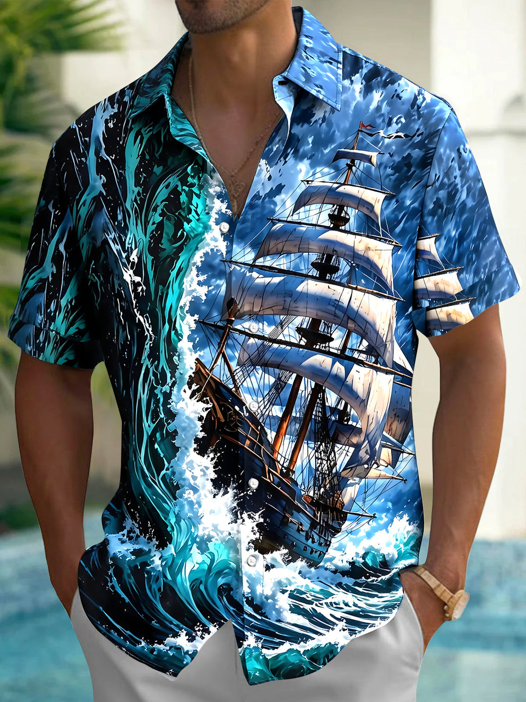 Hawaiian Sailing Boat Men's Pocket Short Sleeve Shirts