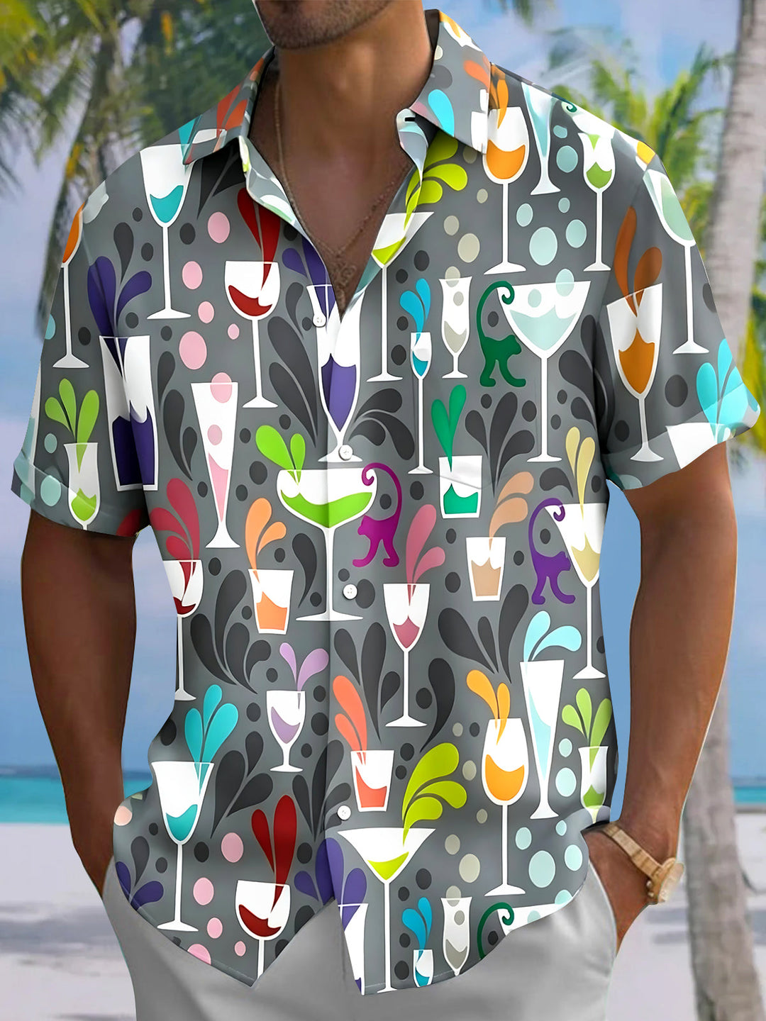 Hawaiian Wine Glass Abstract Men's Pocket Short Sleeve Shirts