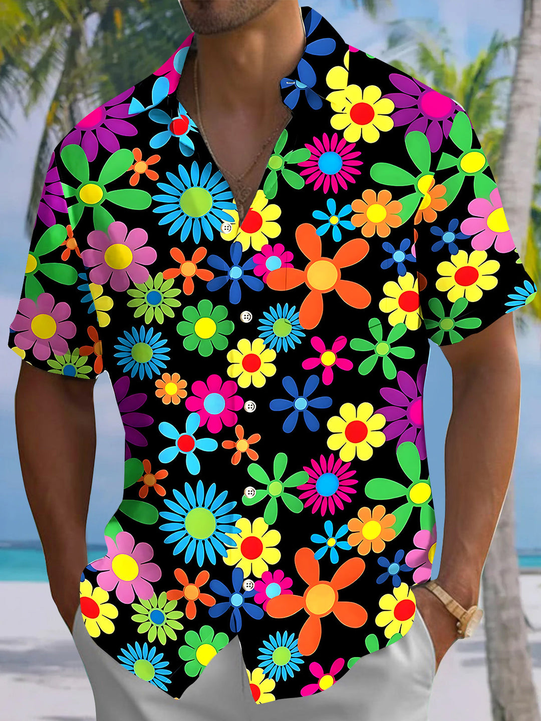 Colorful Floral Men's Pocket Short Sleeve Shirts