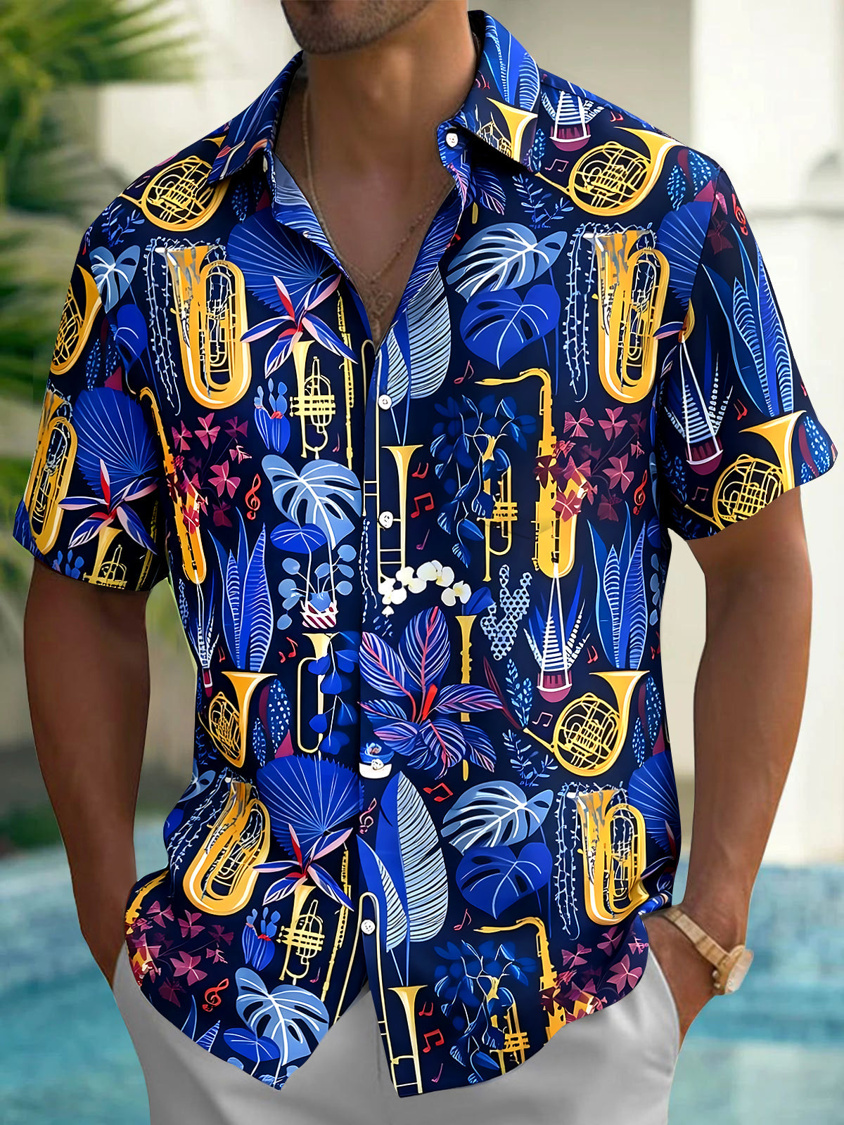 Oceanlyte Men's Golden Brass Instruments Print Short Sleeve Shirt with Chest Pocket