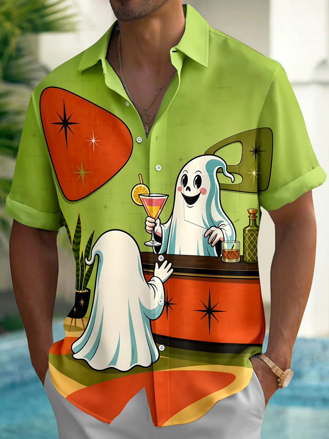 Vintage Halloween Ghost Men's Pocket Short Sleeve Shirts