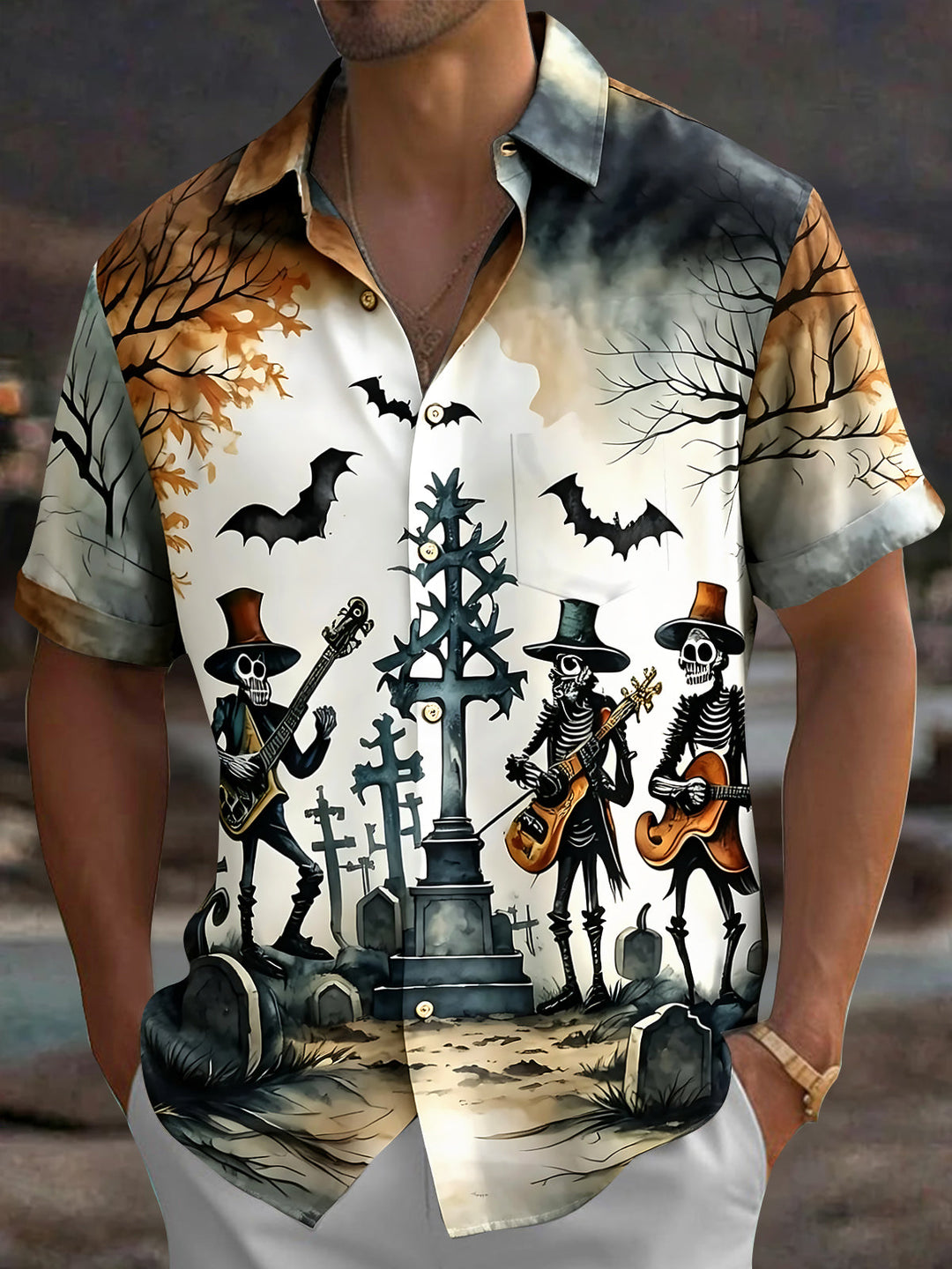 Vintage Halloween Skull Band Men's Pocket Short Sleeve Shirts