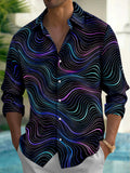 Oceanlyte Men's Geometric Wavy Neon Lines Print Long Sleeve Shirt with Chest Pocket
