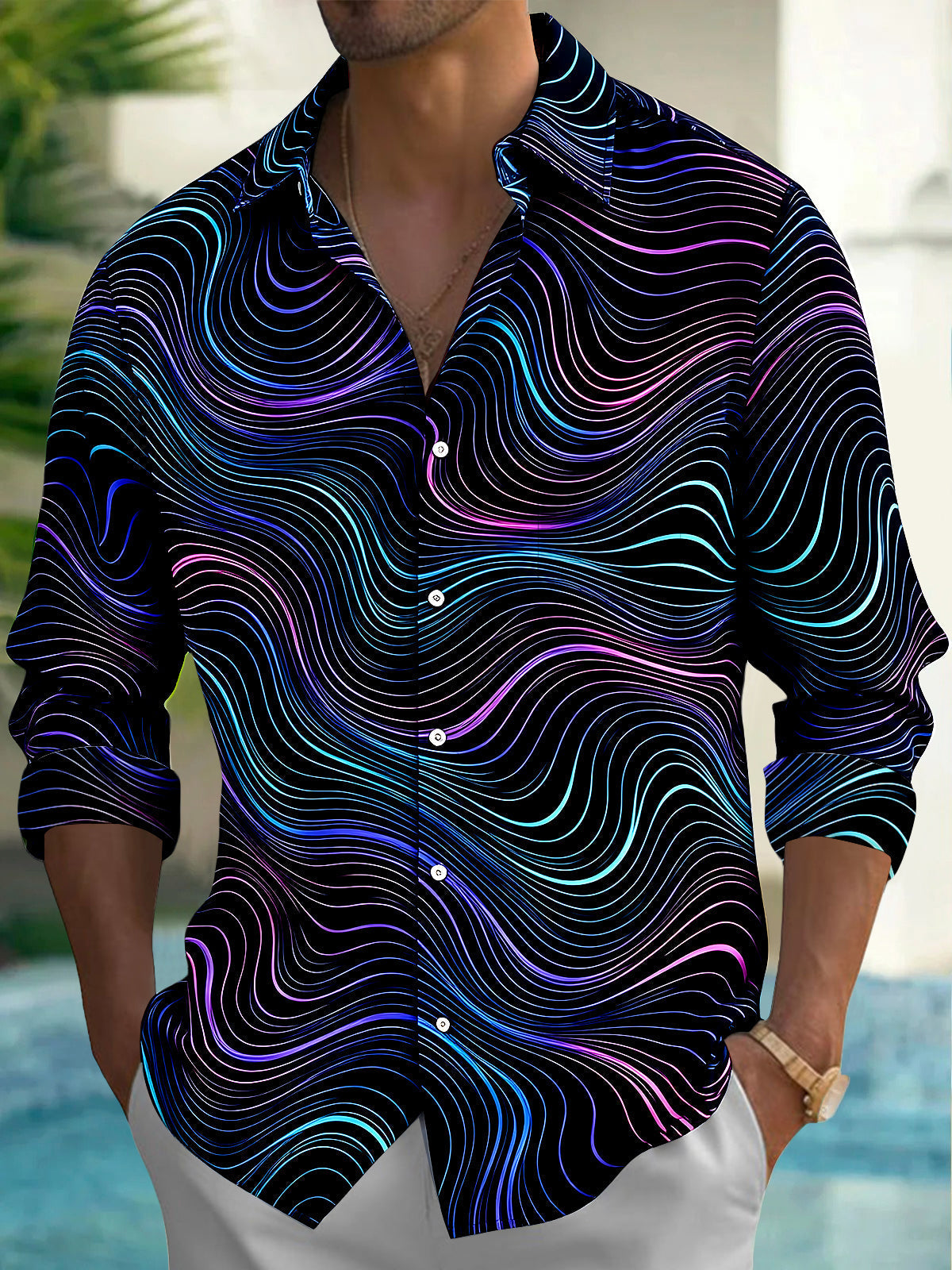 Oceanlyte Men's Geometric Wavy Neon Lines Print Long Sleeve Shirt with Chest Pocket