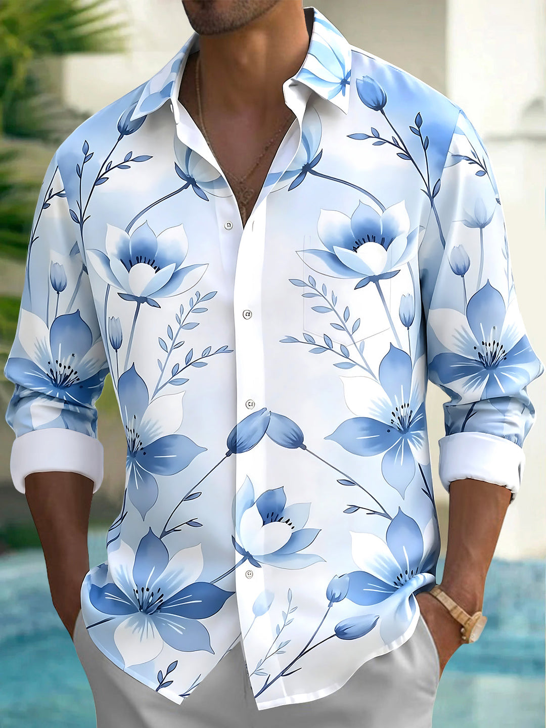 Floral Men's Pocket Long Sleeve Shirts