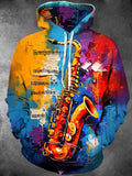 Oceanlyte Men's Graphic Saxophone Instrument Print Long Sleeve Hoodie with Chest Pocket