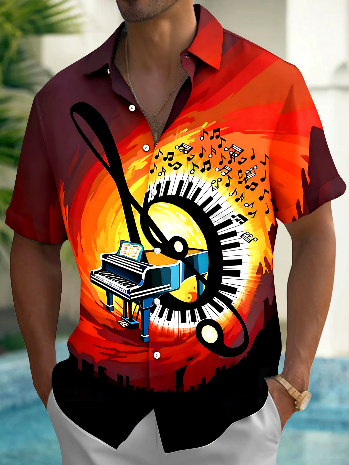 Oceanlyte Men's Hawaiian Piano Keyboard Print Short Sleeve Shirt with Chest Pocket