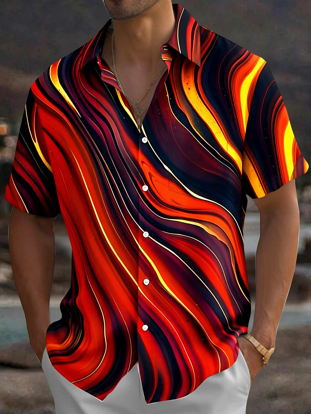 Oceanlyte Men's Printed Wavy Gradient Lines Print Short Sleeve Shirt with Chest Pocket