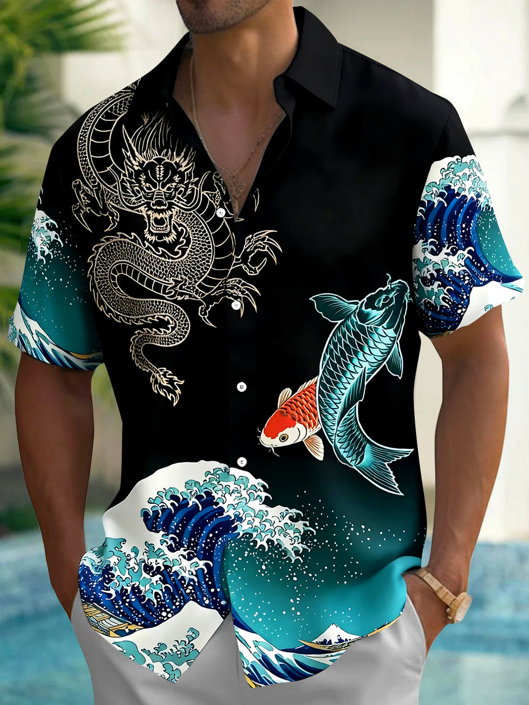 Dragon Perch Sea Wave Men's Pocket Short Sleeve Shirts