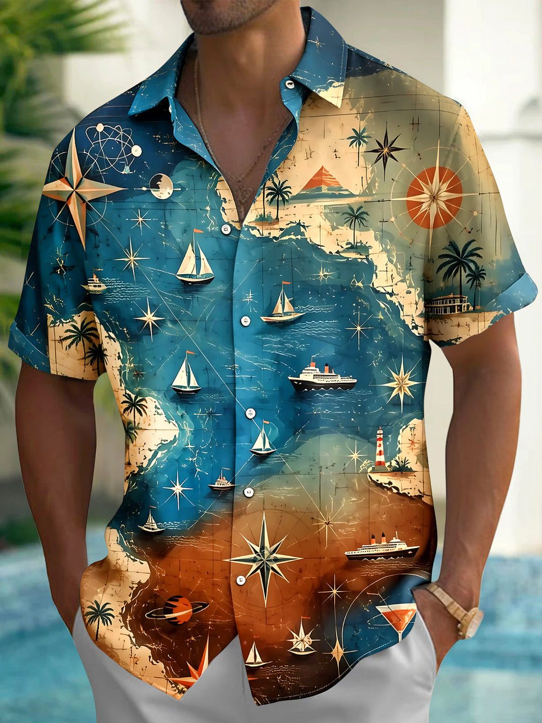 Vintage Sailing Boat Map Men's Pocket Short Sleeve Shirts