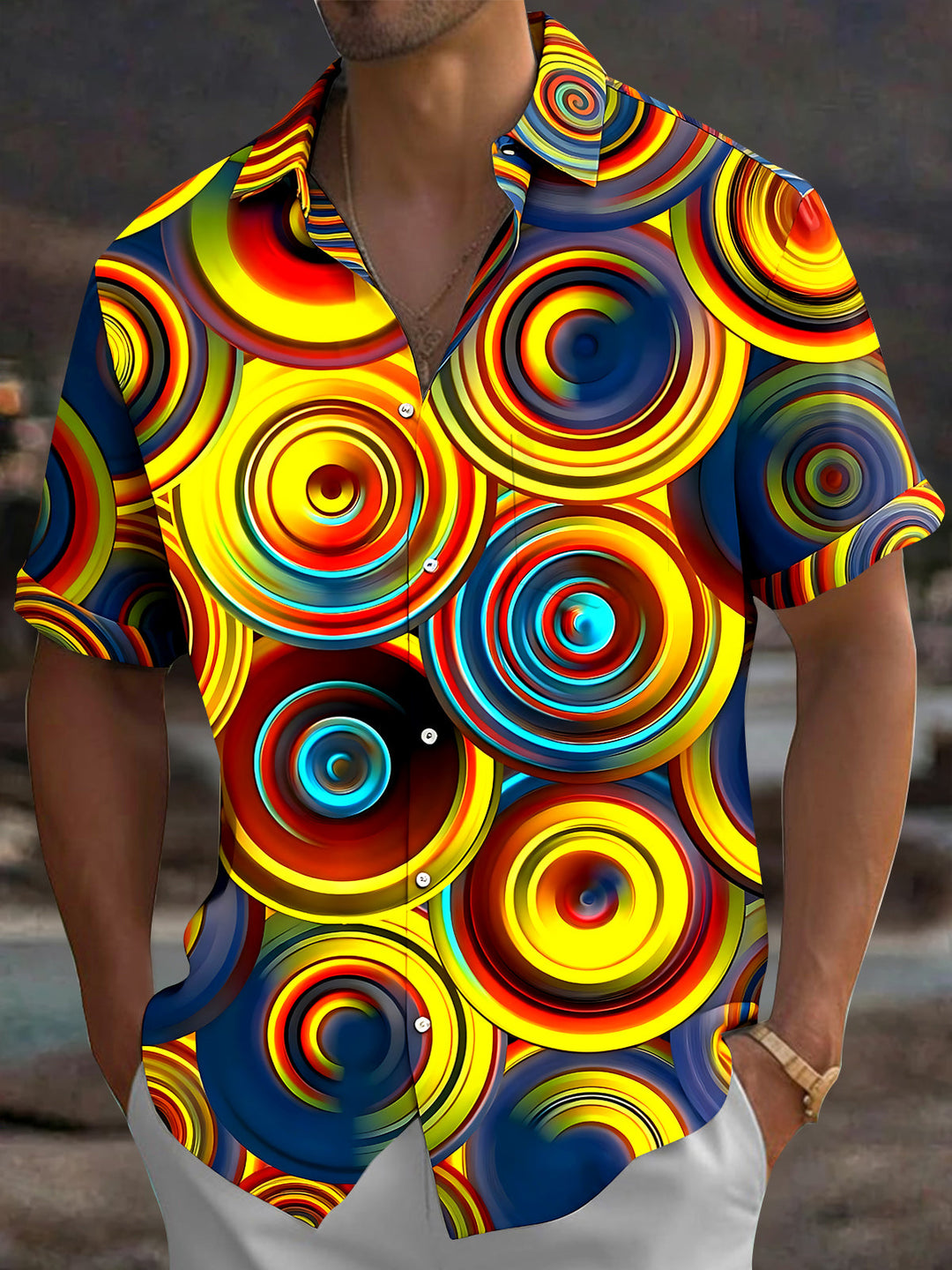 Colorful Geometry Circle Men's Pocket Short Sleeve Shirts