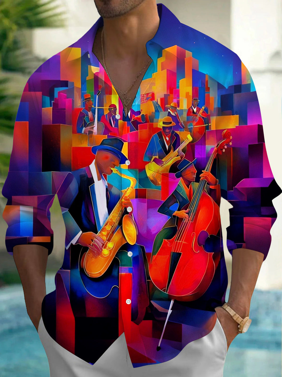 Vintage Music Concert Men's Pocket Long Sleeve Shirts
